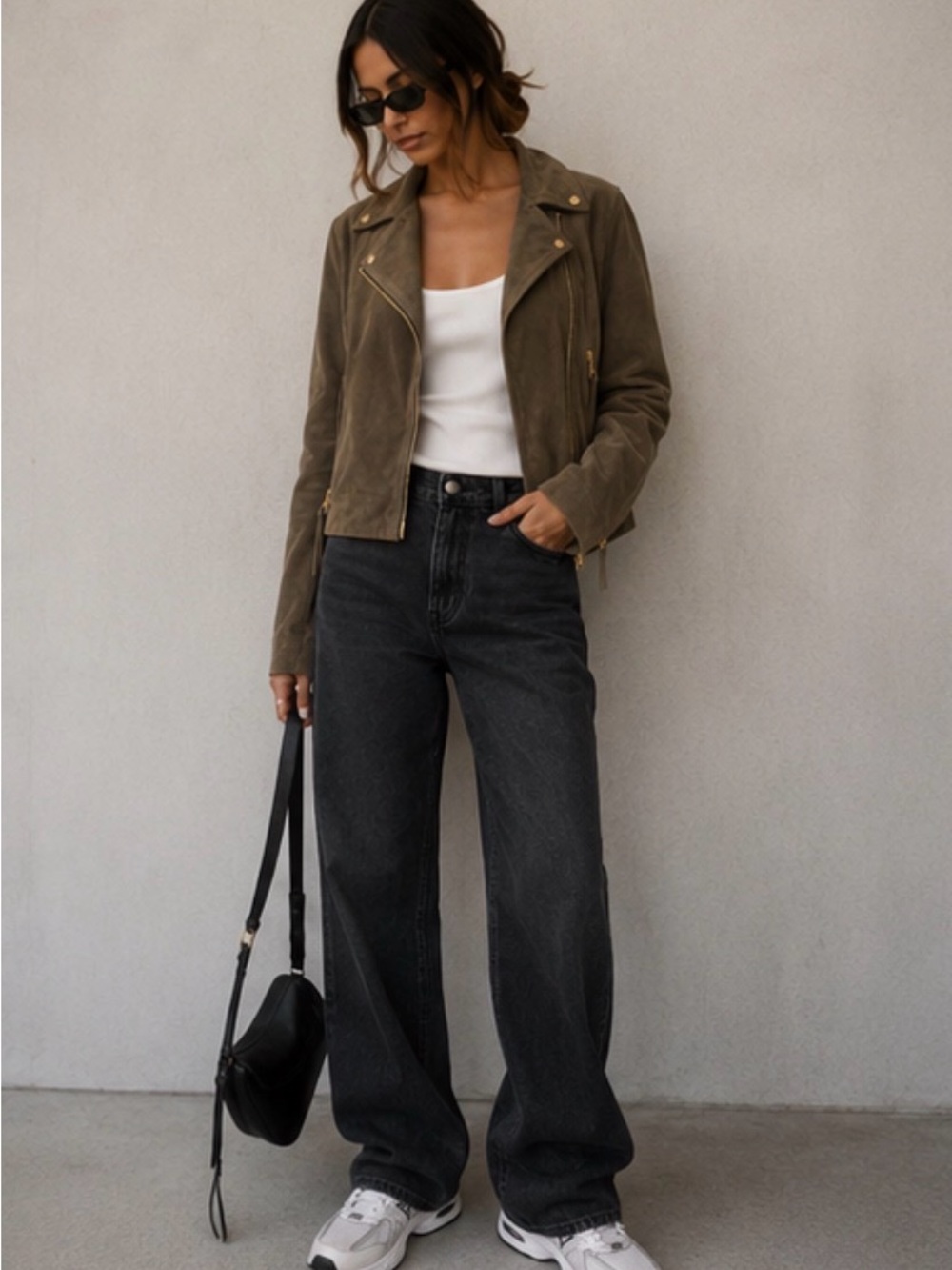 Allsaints Olive Suede Moto Jacket with White Tank